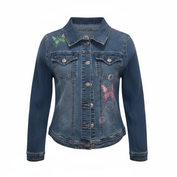 Teen Girls Denim Jacket w/ Butterfly Embroidery – Size L, Pre-Owned - Picture 4 of 14